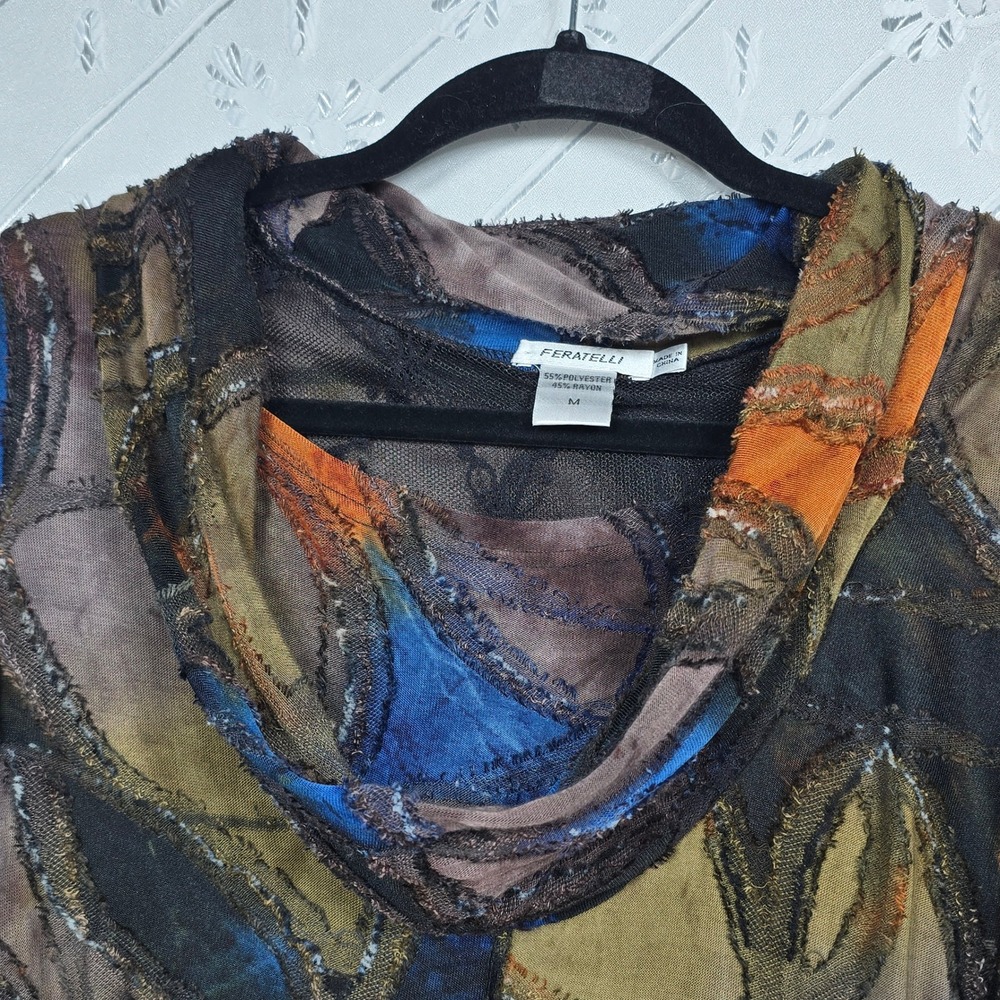 Feratelli Colorful Patchwork Top Woman Medium Cowl Neck Abstract Artsy Steampunk - Picture 9 of 12